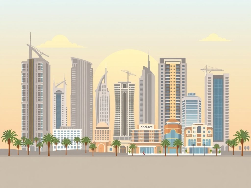 Vibrante vectorillustratie van de skyline van Dubai met moderne appartementen en luxe villa's, omringd door palmbomen en een heldere zonsondergang, die de aantrekkingskracht van nieuwbouwprojecten in Dubai weerspiegelt.