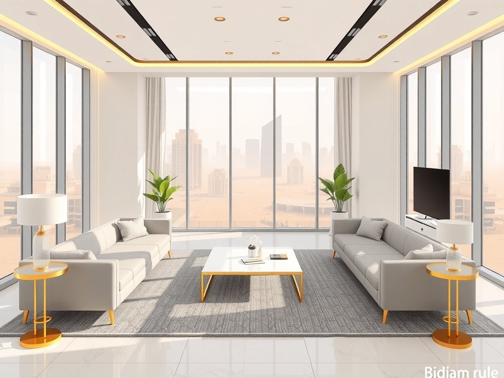 Luxueus interieur van een vastgoedkantoor in Dubai, met moderne meubels in grijstinten en gouden accenten, ruime ramen die uitzicht bieden op een woestijnlandschap en een sfeer van professionaliteit uitstralen.
