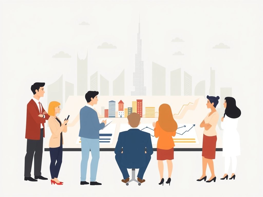 Diverse professionals werken samen aan een digitale kaart van de vastgoedmarkt in Dubai, met een iconische skyline op de achtergrond, en tonen de voordelen van het kopen van een huis in deze stad.