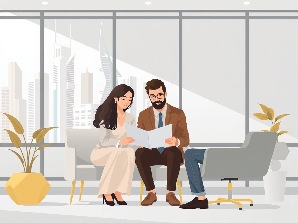 Expat koppel bespreekt hypotheekdocumenten met een adviseur in een minimalistisch kantoor, met uitzicht op iconische Dubai-architectuur.