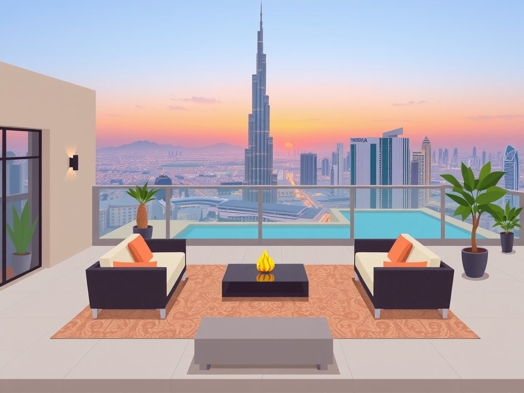 Een flat-style illustratie van een luxe penthouse terras in Dubai, met een elegant loungegedeelte, een infinity pool en een prachtig uitzicht op de Burj Khalifa bij zonsondergang.