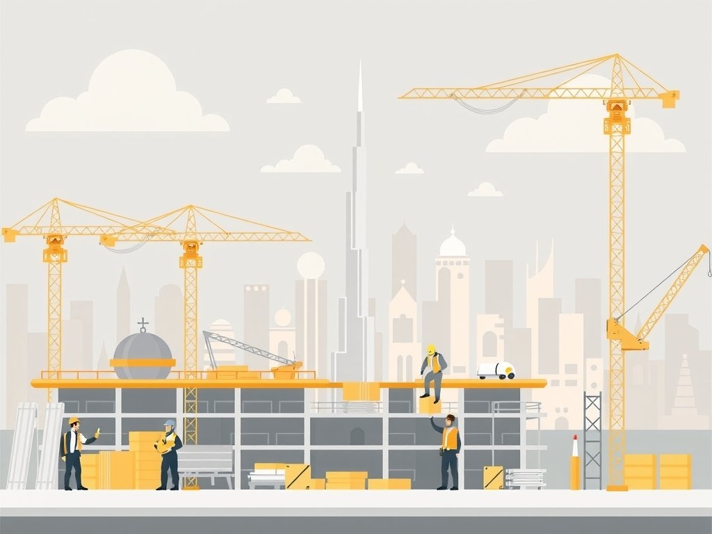 Een moderne bouwplaats in Dubai met vakbekwame arbeiders, hijskranen en hoogwaardige bouwmaterialen, afgebeeld in zachte grijstinten en gouden beige, die professionaliteit en elegantie uitstraalt.