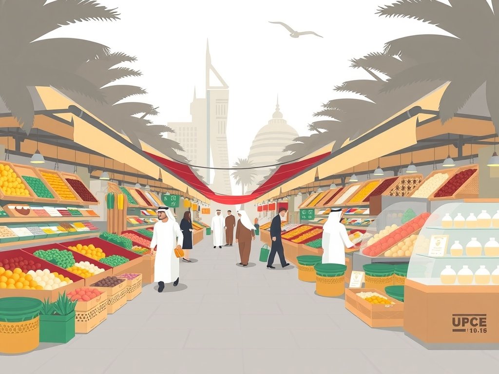 Een minimalistische illustratie van een serene markt in Dubai met kleurrijke kramen vol verse producten en lokale ambachten, die de dagelijkse uitgaven en kosten van levensonderhoud in de stad weerspiegelt.