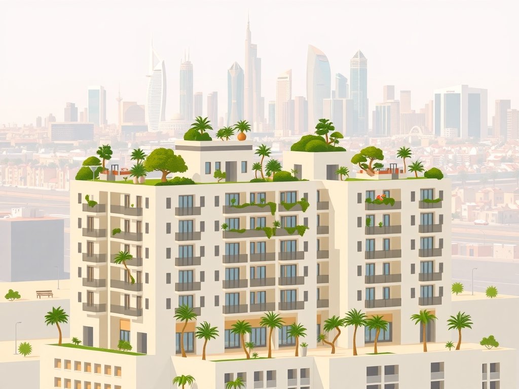 Flat-style illustratie van een energiezuinig appartementencomplex in Dubai, met groene daktuinen en een moderne stadsarchitectuur, die duurzame bouwtechnieken en slimme technologieën benadrukt.