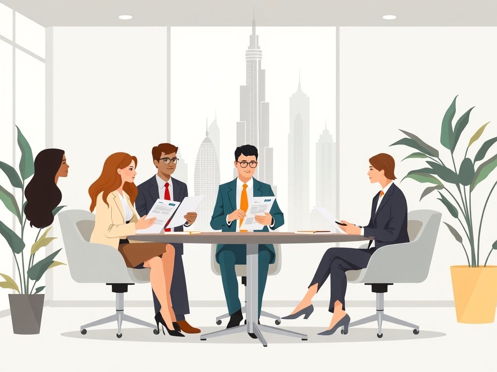 Diverse hypotheekadviseurs helpen expats in een stijlvolle kantooromgeving, met de Burj Khalifa op de achtergrond en onderzoeksdocumenten over hypotheekvoorwaarden voor buitenlanders in Dubai.