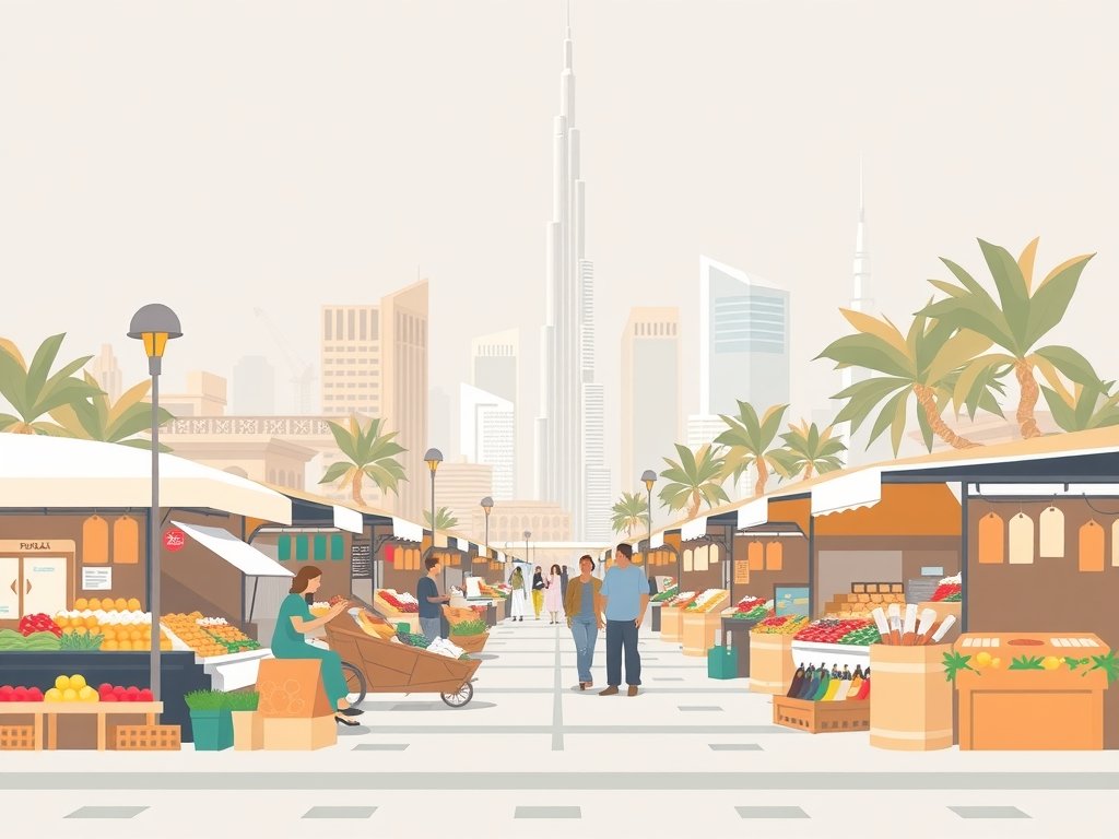Illustratie van een levendige straatmarkt in Dubai met diverse verkopers van verse producten, omringd door moderne wolkenkrabbers en de Burj Khalifa, wat de economische levendigheid van de stad weerspiegelt te midden van de kosten van levensonderhoud.