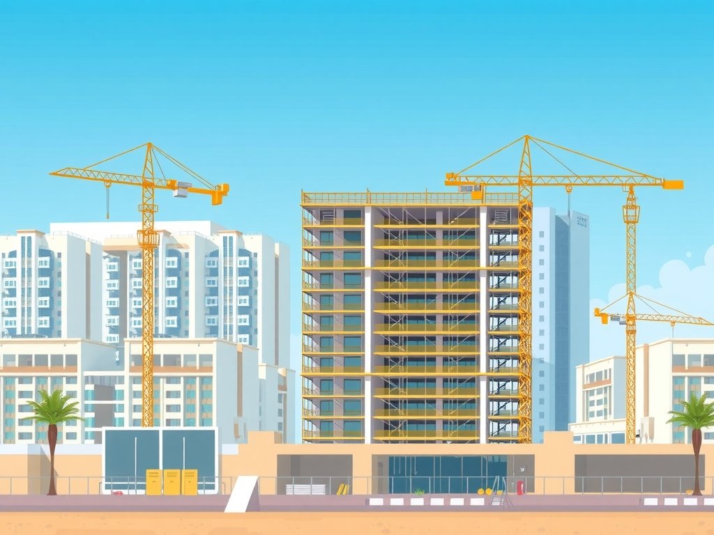 Flat-style vectorillustratie van een bouwterrein in Dubai met moderne materialen en technieken, omringd door elegant ontworpen woningen en een heldere blauwe lucht.