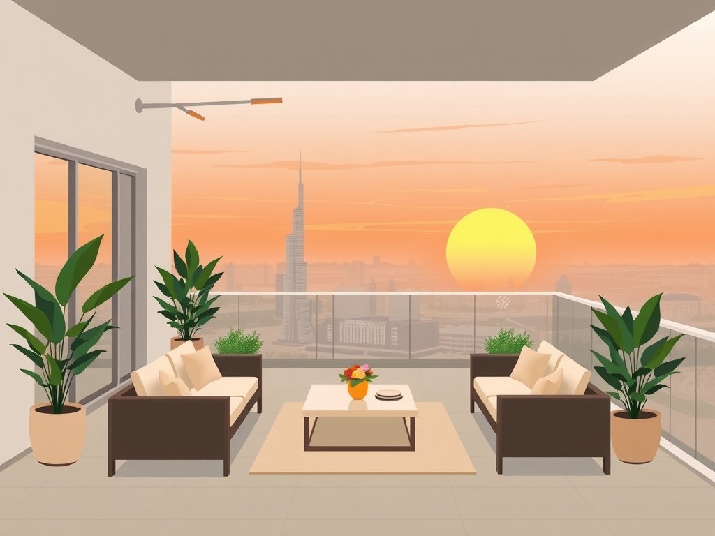 Luxueuze penthouse-balkon in Dubai met elegant tuinmeubilair en een adembenemend uitzicht op een levendige zonsondergang, ontworpen in een minimalistische stijl.