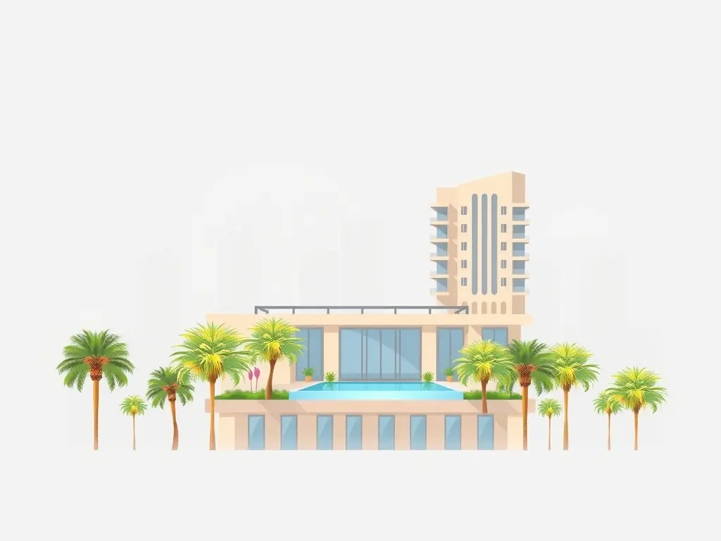 Luxueus wooncomplex in de skyline van Dubai met palm bomen en een serene rooftop zwembad, ontworpen in zachte grijstinten en gouden-beige accenten.