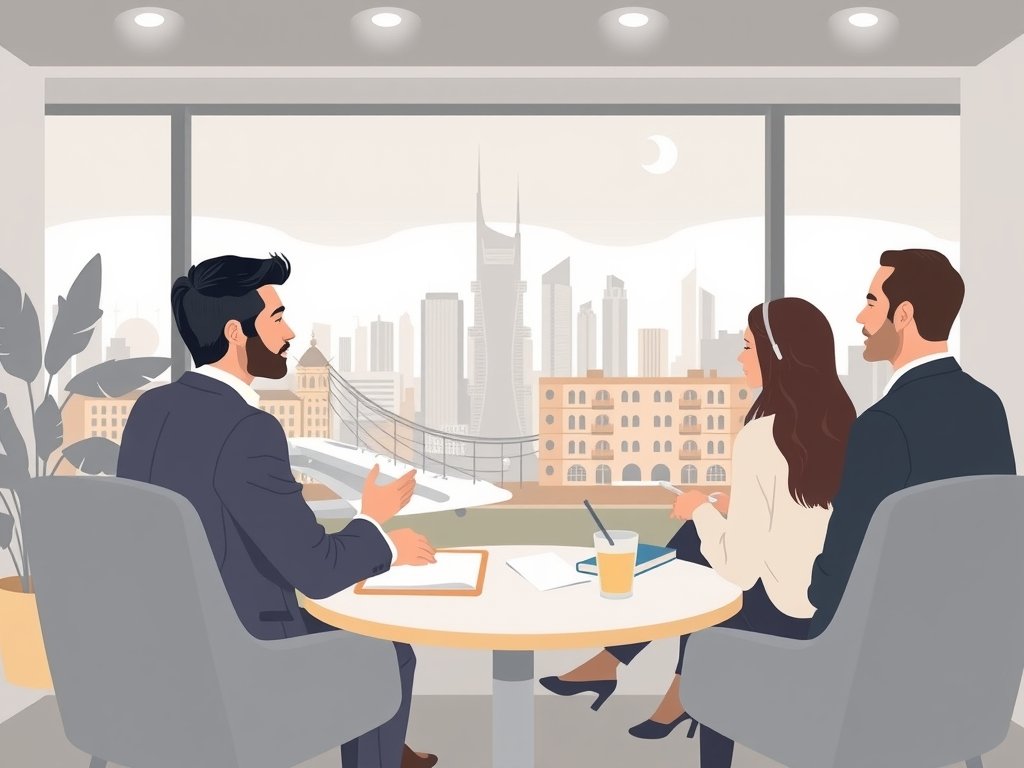 Een flat-style vectorillustratie van een vastgoedmakelaar in een moderne kantooromgeving die met klanten praat over vastgoedbeleggingen, met uitzicht op de skyline van Dubai.