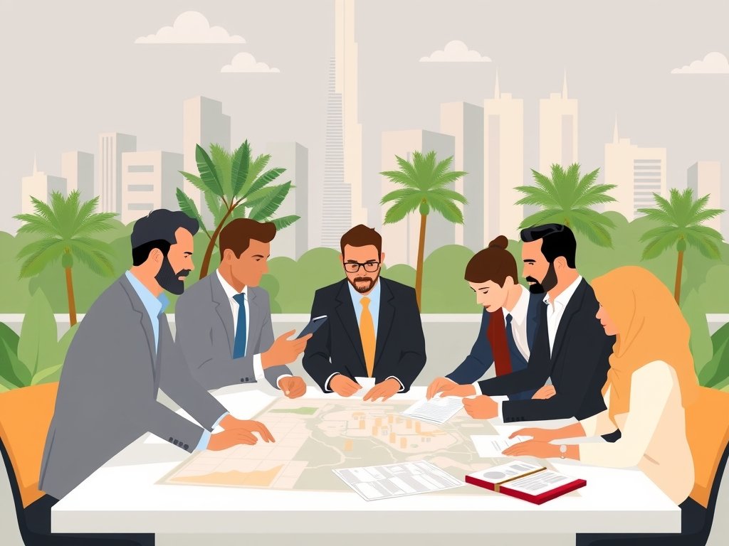 Een diverse groep investeerders bespreekt strategieën rond een tafel met vastgoedplannen, met de moderne skyline van Dubai op de achtergrond.