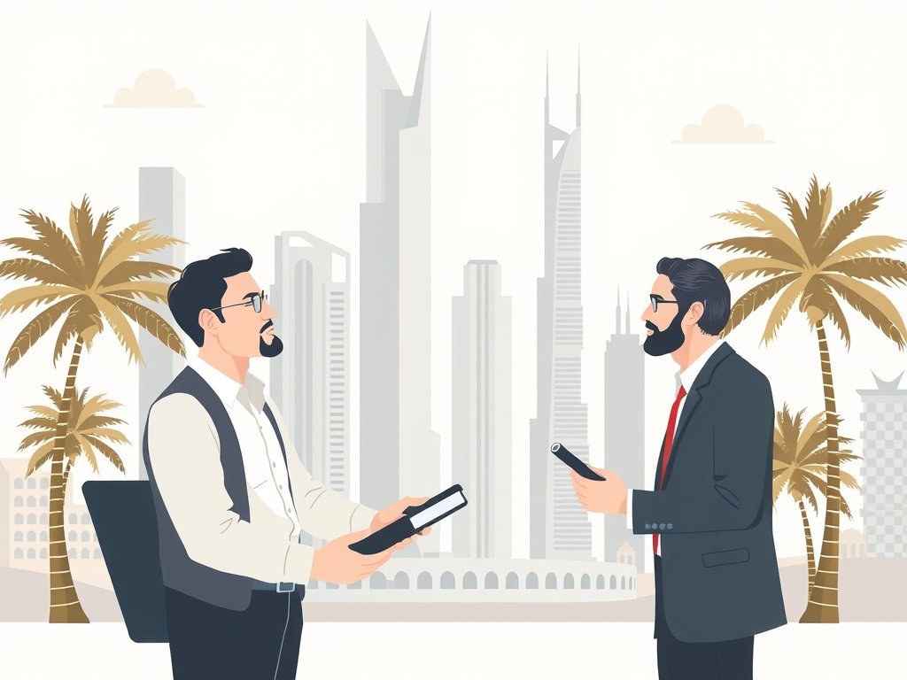 Een investeerder bespreekt mogelijkheden voor commercieel vastgoed kopen in Dubai met een lokale vastgoedmakelaar, omringd door moderne wolkenkrabbers en palmbomen.