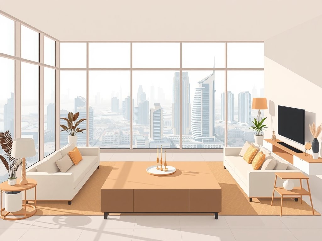 Stijlvolle vectorillustratie van een open-plan appartement met uitzicht op de skyline van Dubai, met eigentijds meubilair en een warme, uitnodigende sfeer.