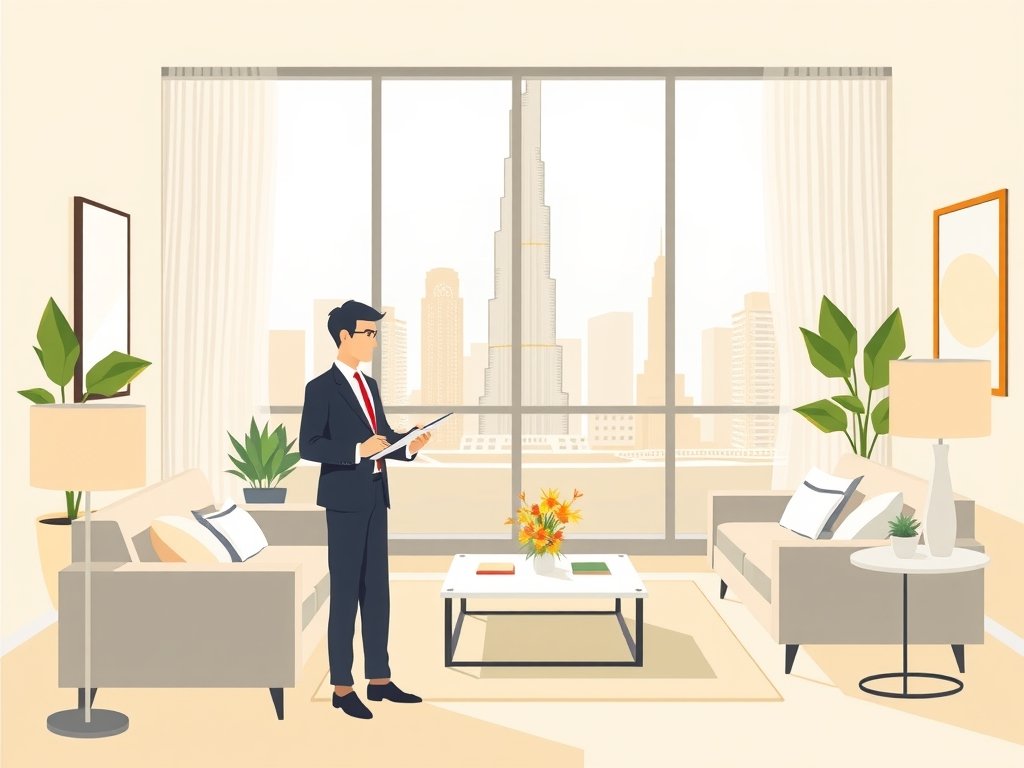 Moderne vectorillustratie van een real estate agent in een stijlvol Dubai-apartament, met het iconische Burj Khalifa op de achtergrond, gericht op lange termijn huur appartementen Dubai.