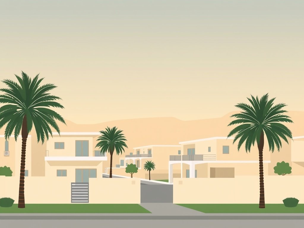 Een vredige woonomgeving in Mirdif met moderne huizen en palmbomen.