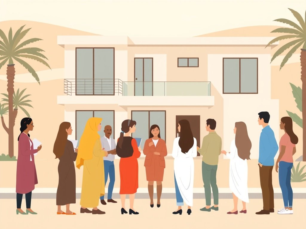 Groep mensen bespreekt een huismodel voor een modern huis in DAMAC Hills.