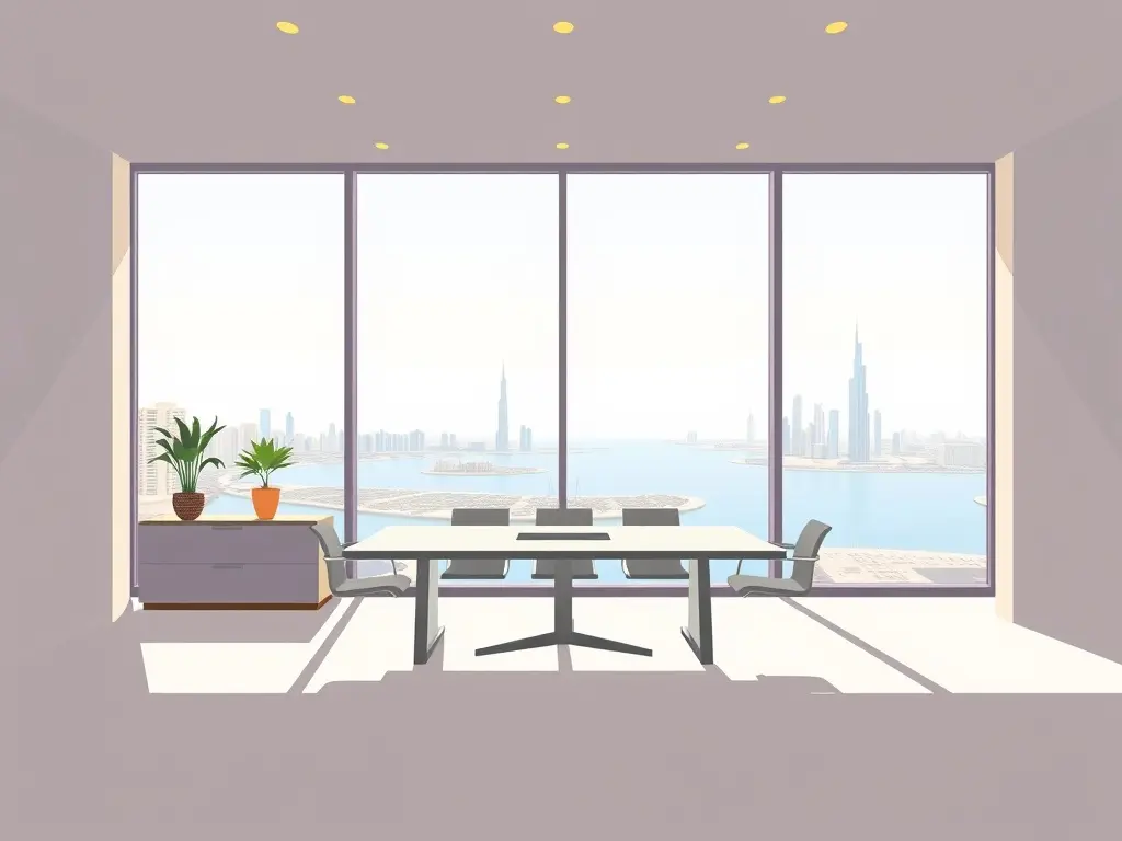 Interieur van een modern vastgoedkantoor met uitzicht op Jumeirah Islands.