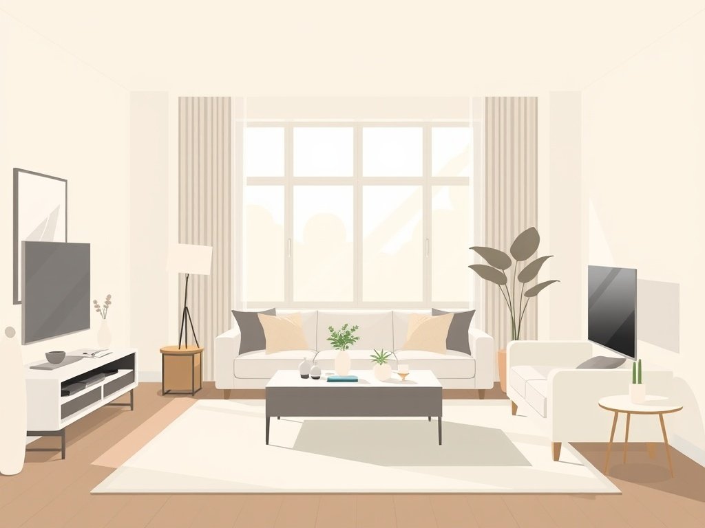 Moderne woonkamer in een nieuw huis met minimalistisch meubilair.