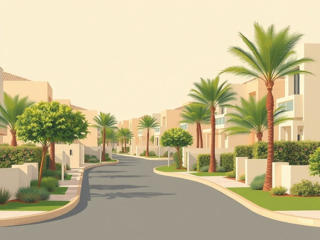 Een rustige straat in Al Quoz met moderne huizen en een minimale tuin.