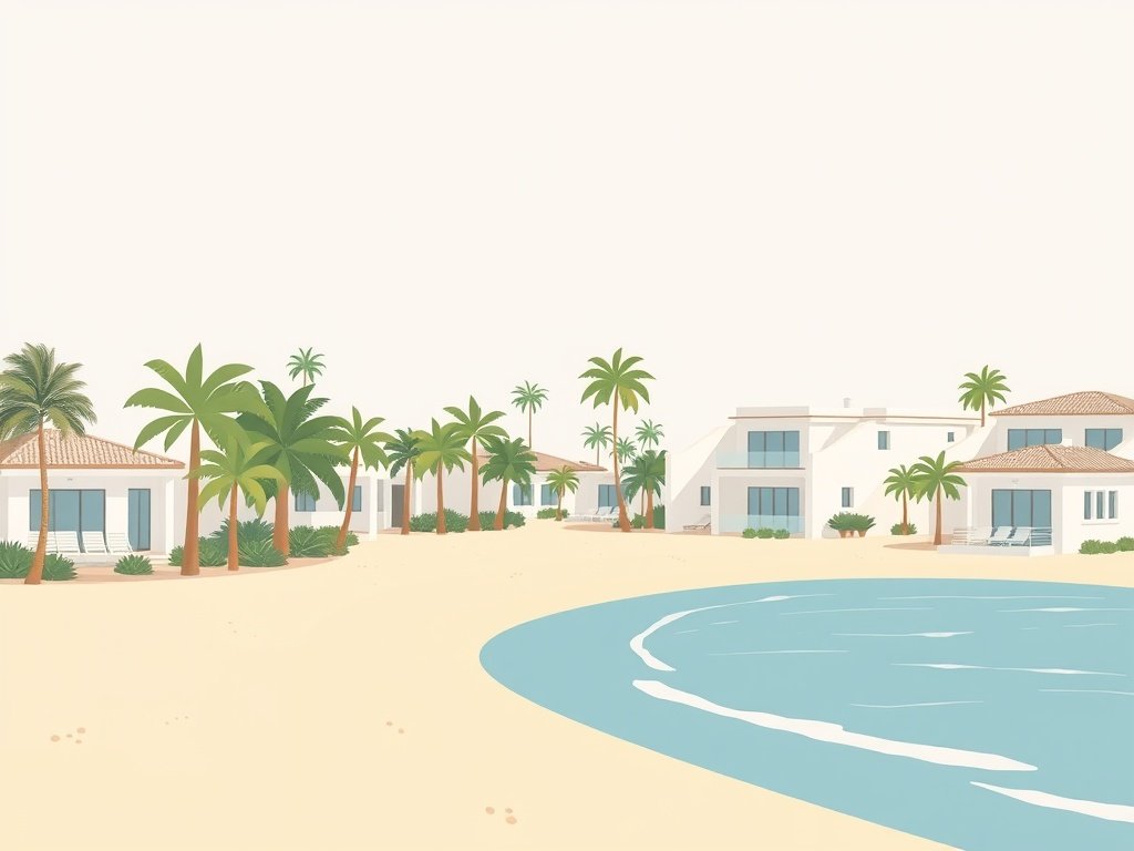 Een rustige buurt in Bluewaters Island met moderne huizen, palmbomen en zandpaden.