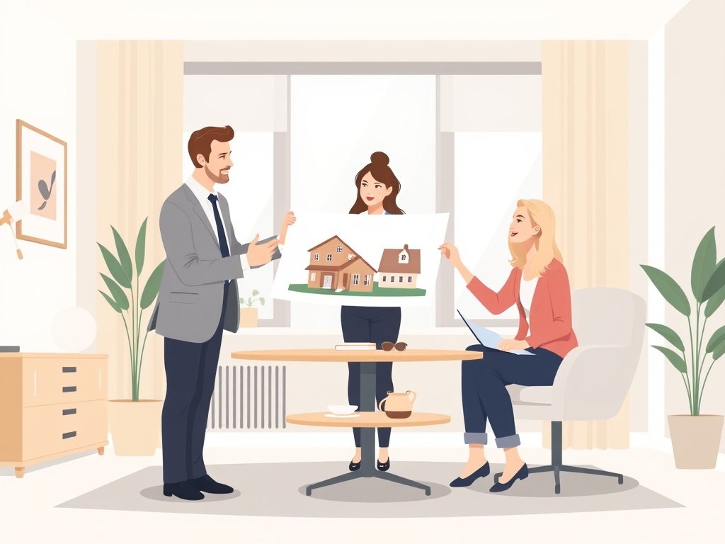 Makelaar bespreekt huisplan met klanten in een moderne kantooromgeving.