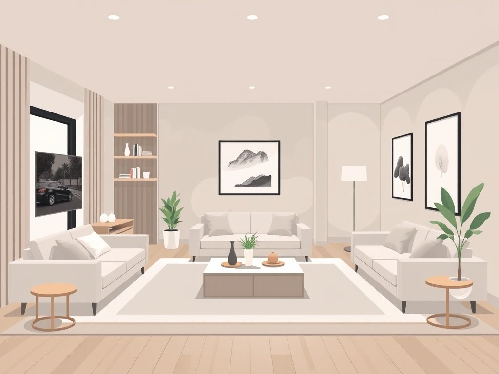 Moderne appartement interieur met een elegante woonkamer en stijlvolle meubels.