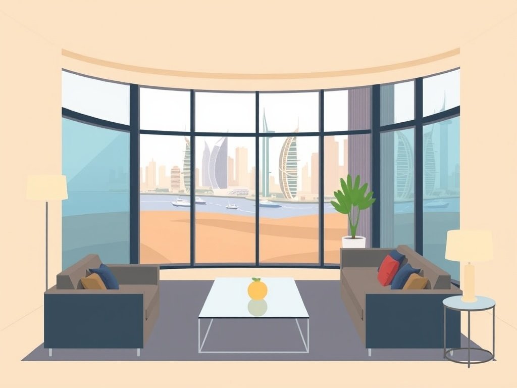 Moderne interieur van een luxe appartement in Dubai Marina met uitzicht op de skyline.