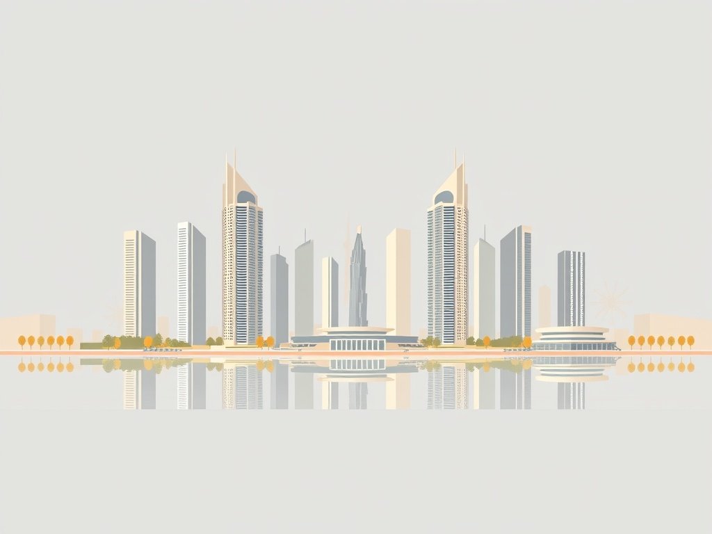 Panoramisch uitzicht op Jumeirah Lake Towers met moderne wolkenkrabbers en een rustig meer.