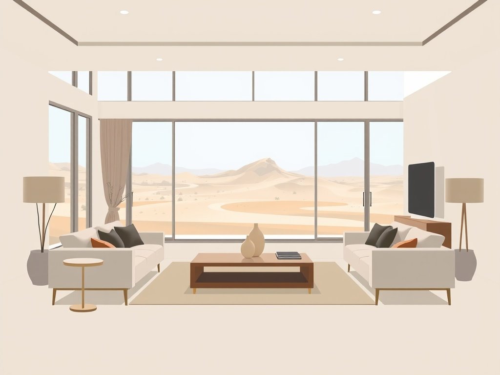 Elegant woonkamer in een modern huis met uitzicht op de woestijn.