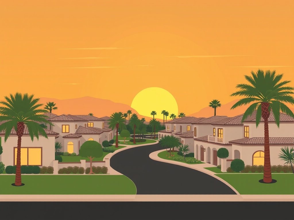 Rustige buurt in Arabian Ranches met moderne huizen bij zonsondergang.