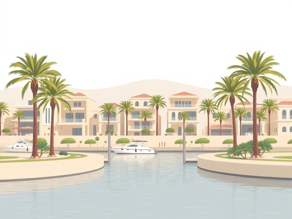 Scenic view van Dubai Creek Harbour met luxe villa's en palmbomen.