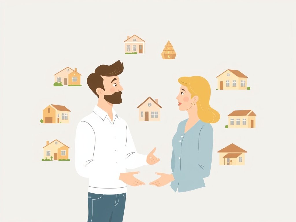 Een stel bespreekt hun opties voor het kopen van een huis met verschillende plattegronden om hen heen.