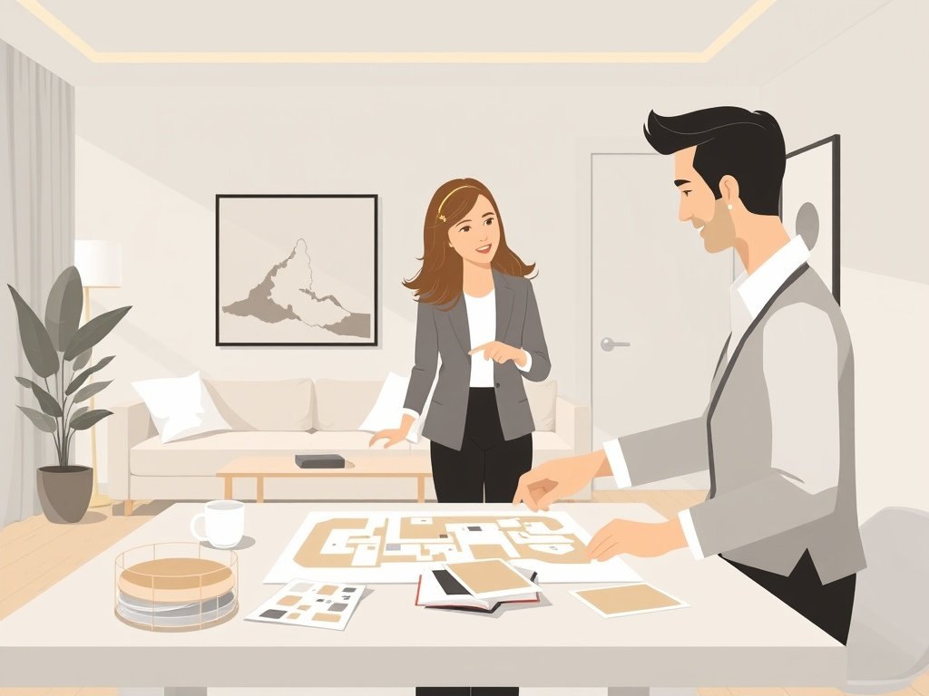 Consultant laat woningontwerp zien met interieurstalen.