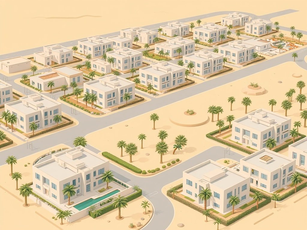 Luchtbeeld van Dubai Investment Park met moderne huizen.