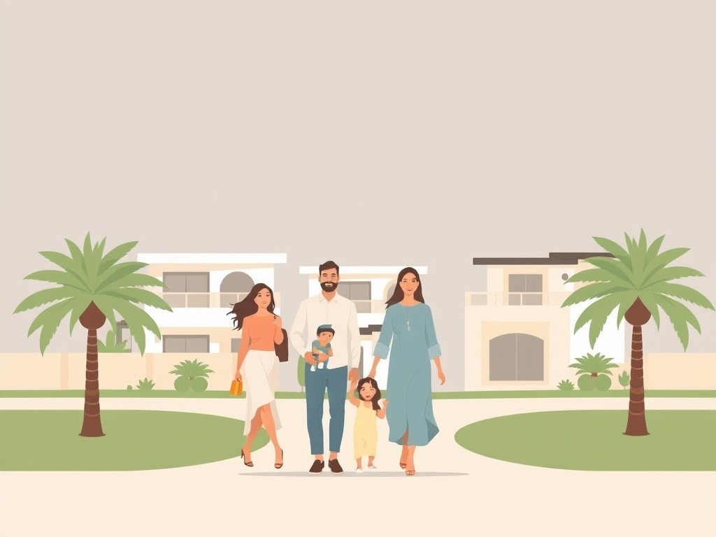 Een gezin verkent een nieuwe buurt in Dubai Silicon Oasis, met moderne huizen en palmbomen.
