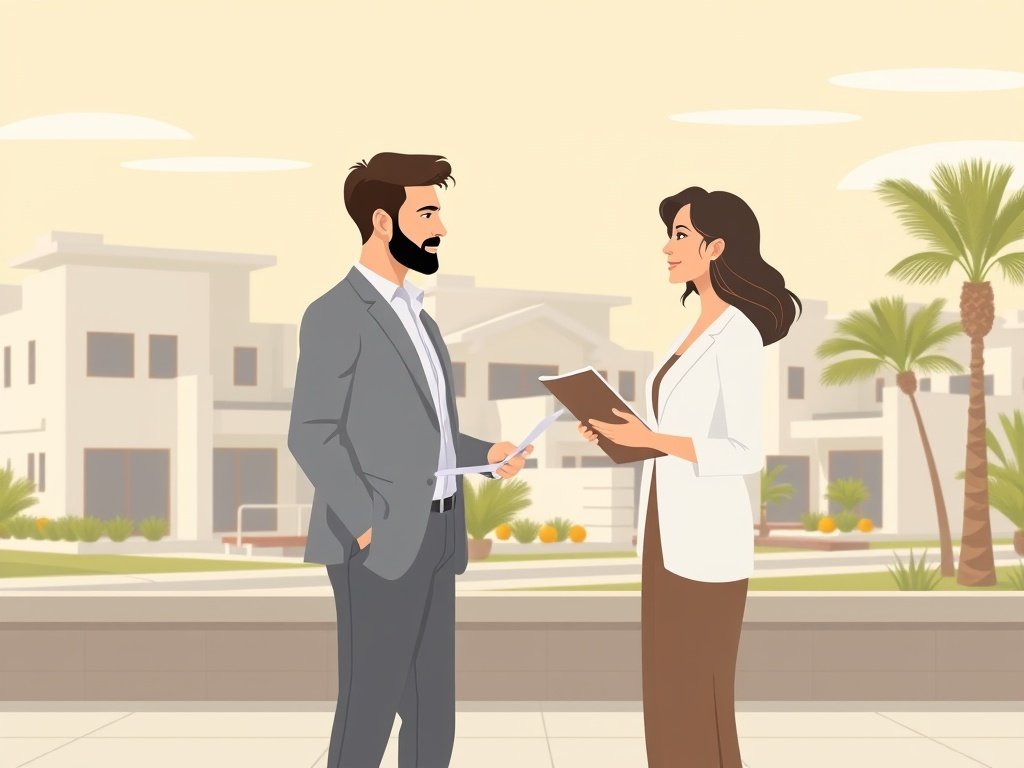 Een stel bespreekt vastgoedplannen met moderne huizen op de achtergrond.