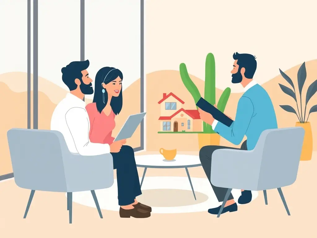 Koppel bespreekt woningopties met een makelaar in een moderne kantooromgeving.