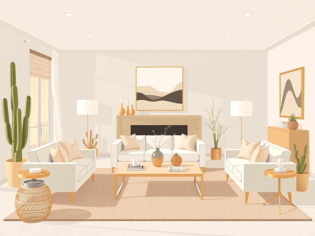 Een open huis evenement met een fraai ingerichte woonkamer en woestijn geïnspireerde decoratie.