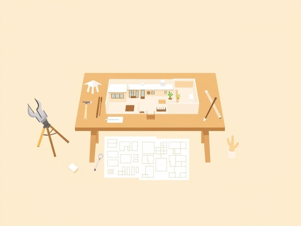 Conceptuele woningindeling op een tafel omringd door architectonische tools.