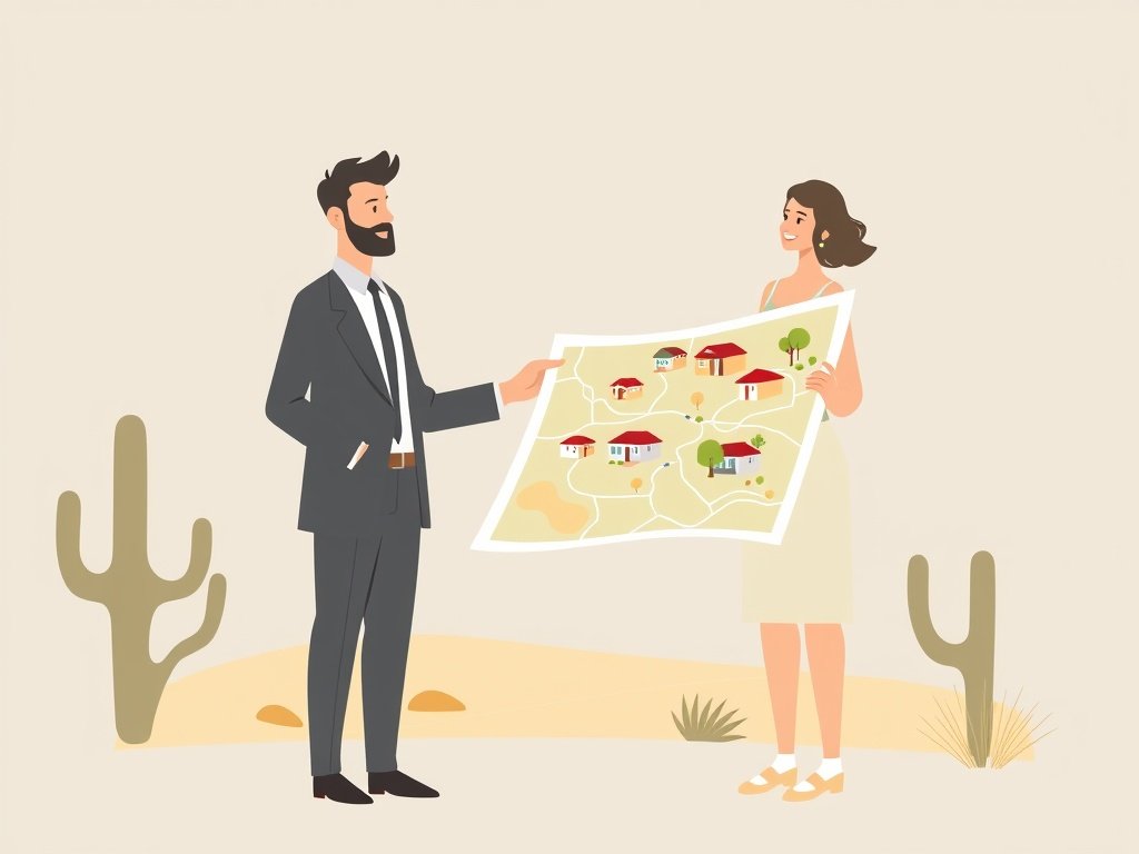 Makelaar toont een kaart met te koop aangeboden woningen aan een stel.