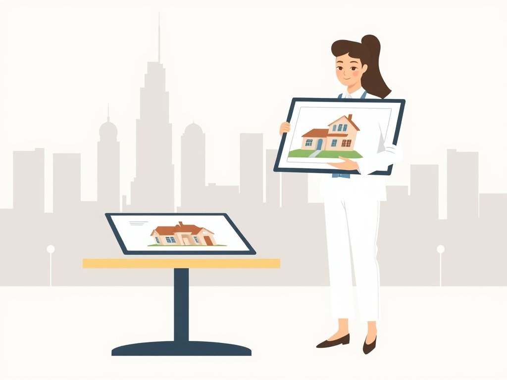 Een makelaar toont een woningplattegrond naast een abstracte skyline van Dubai.