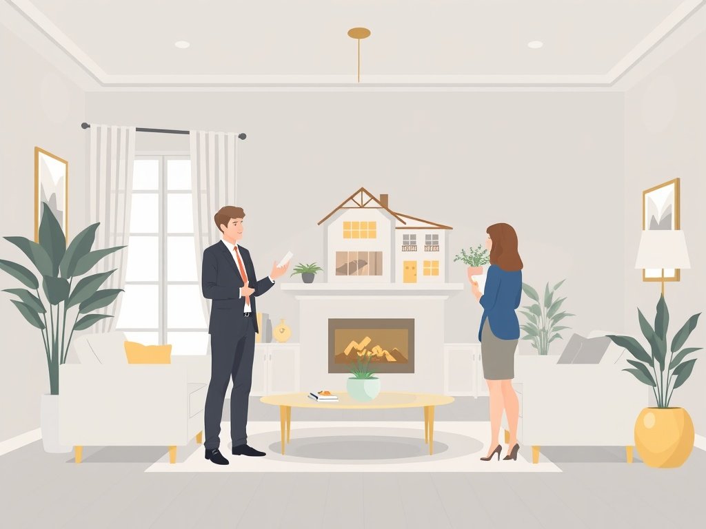 Een professionele makelaar bespreekt woningkenmerken met klanten in een prachtig ingericht interieur.