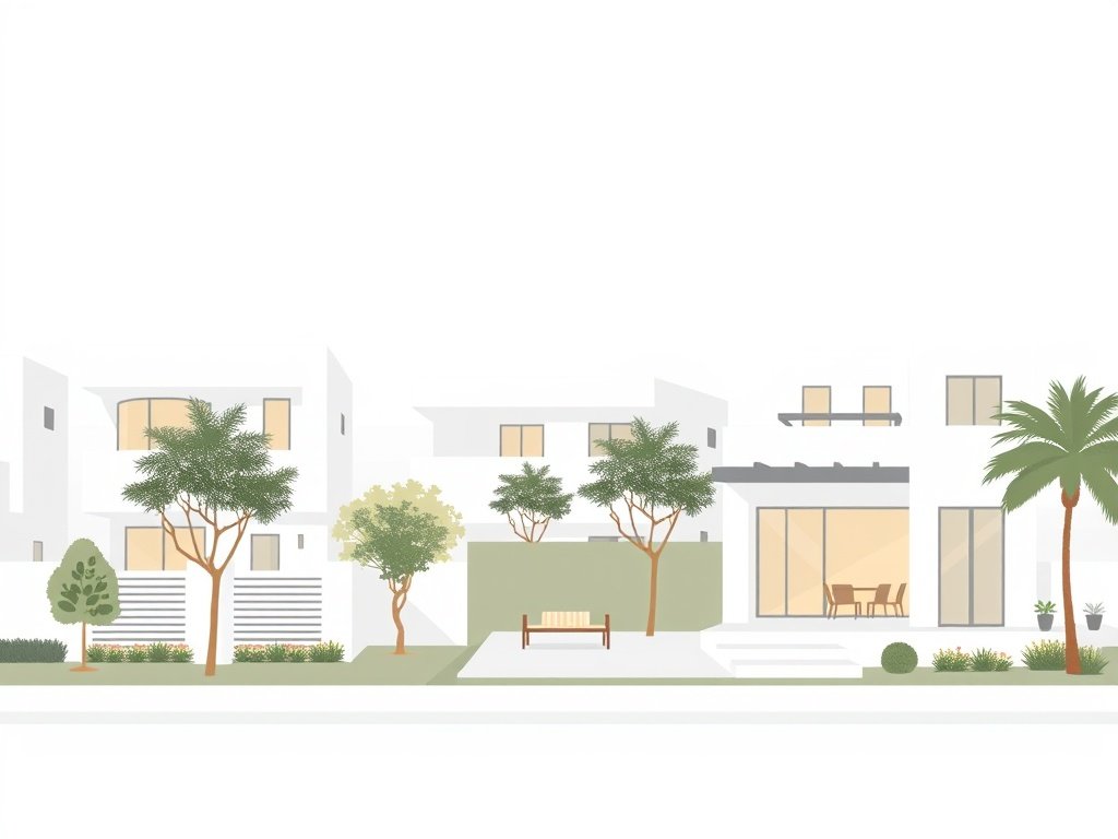 Een rustige buurt in Al Barsha met moderne huizen en bomen.