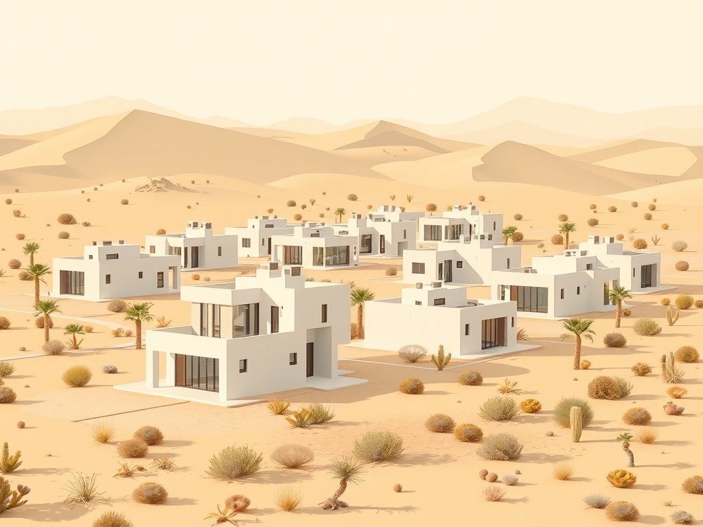 Een nieuwe woningontwikkeling met verschillende moderne huizen in een woestijnlandschap.