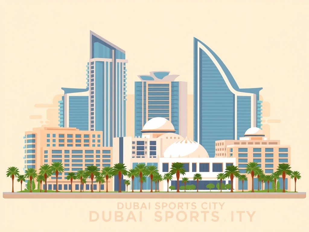 Stadsgezicht van Dubai Sports City met moderne woningen.