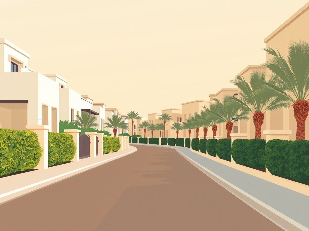 Rustige straat in Jumeirah Beach Residence met stijlvolle villa's.
