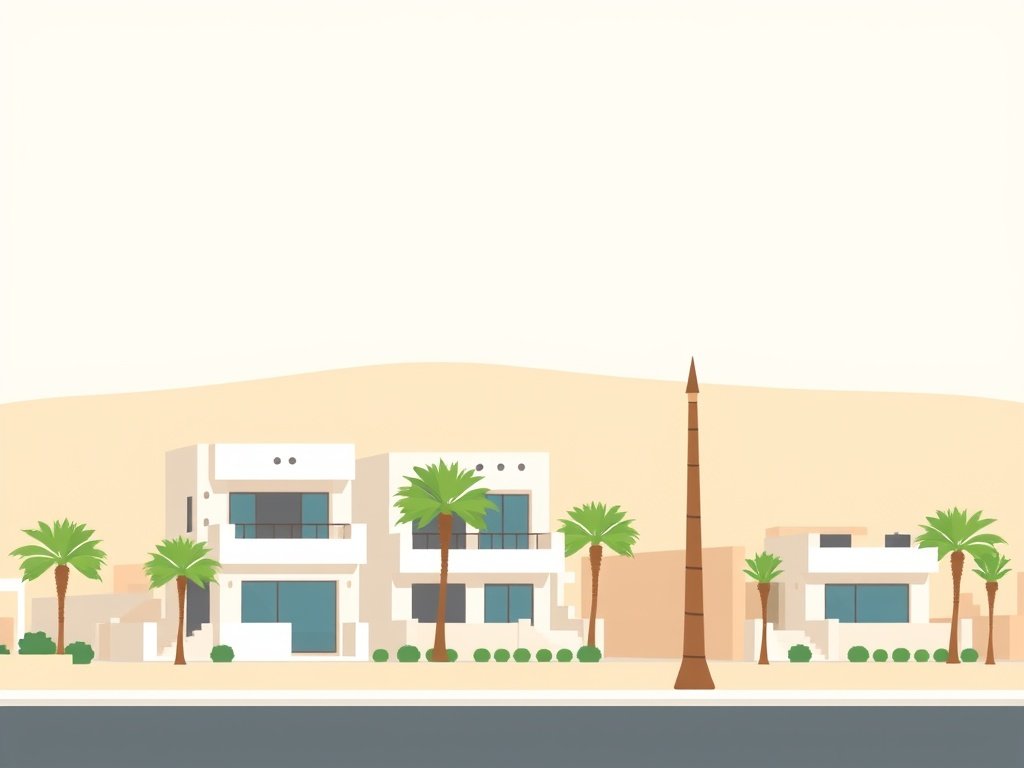 Een rustige woonwijk in Al Sufouh met moderne villa's en palmbomen.