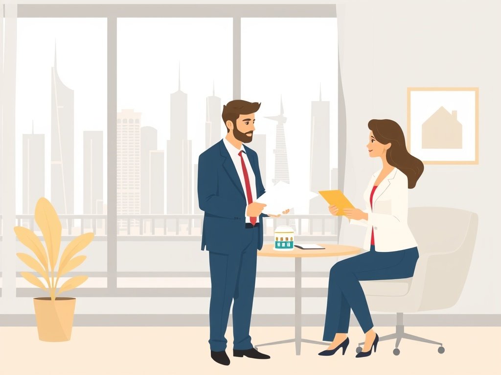 Een vastgoedagent bespreekt de details van een huis kopen in een stijlvolle kantooromgeving met een stel.