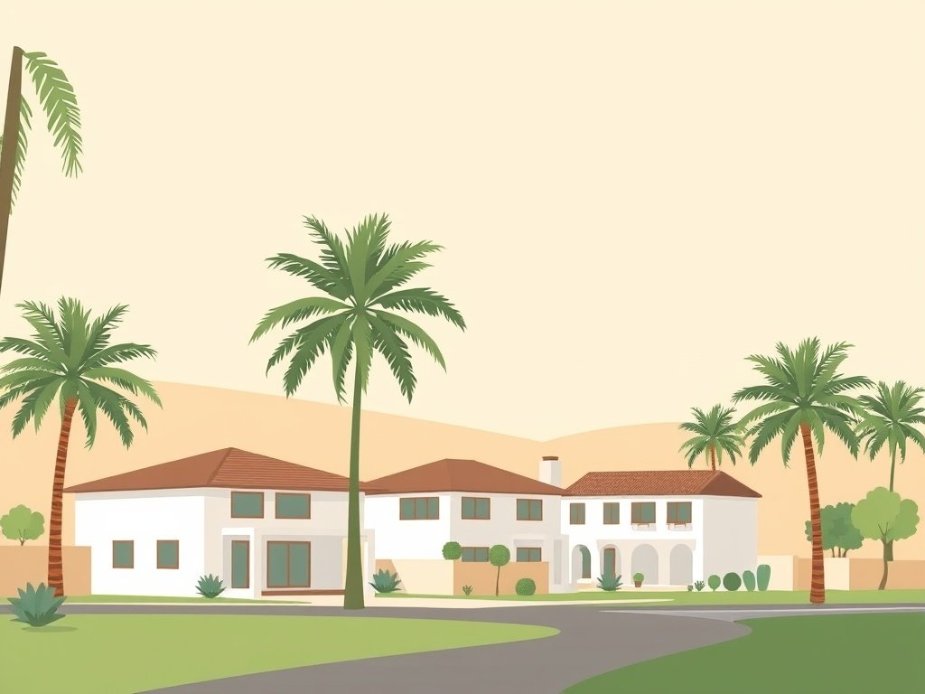 Rustige wijk met moderne huizen en palmbomen in een woestijnachtige omgeving.