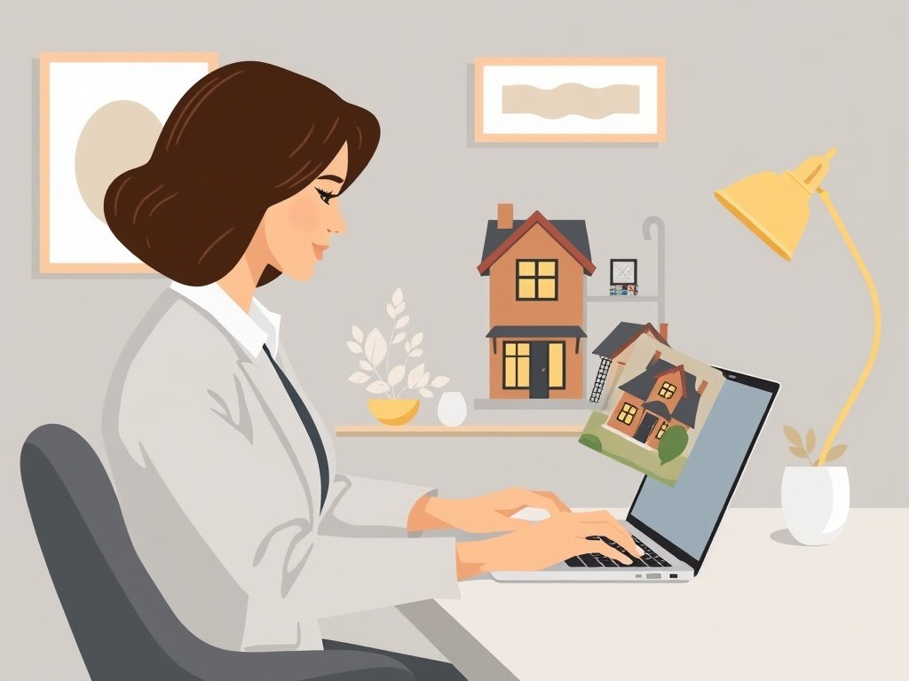 Een makelaar geeft een virtuele rondleiding door een huis via een laptop in een elegante Werkruimte.